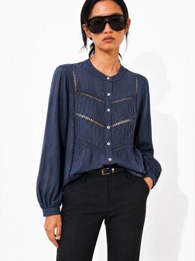 NEW WITH TAGS MAYE Paloma French Navy 100% Cotton Button-Up Pintuck Shirt | XS